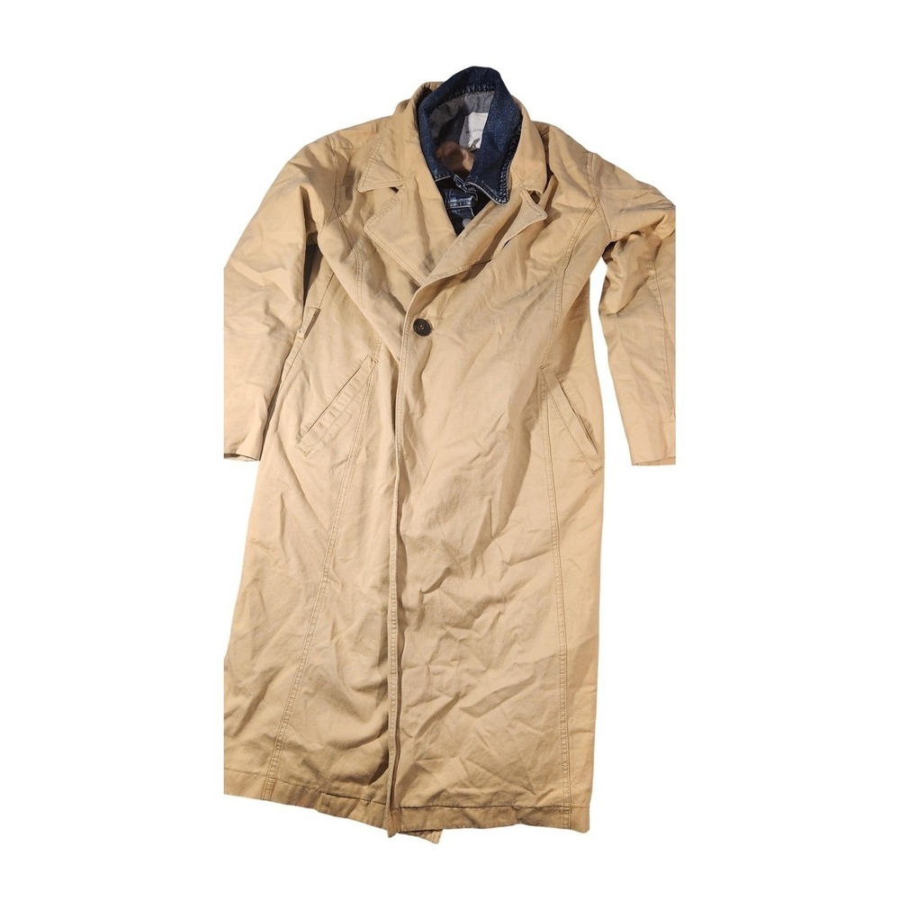 Avec Les Filles‎ Trench Coat Womens Medium Beige Cotton Twill Denim Trim Lined